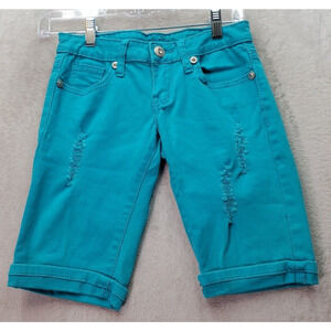 Reign Shorts Womens Size 0 Teal Medium Wash Cotton Pockets Distressed Flat Front